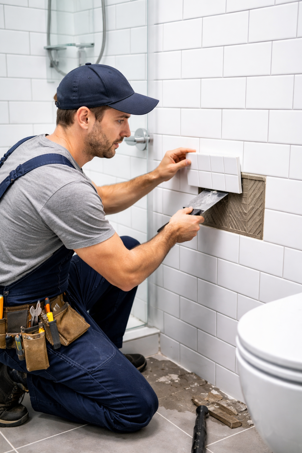 Majstor postavlja plocice u kupatilu