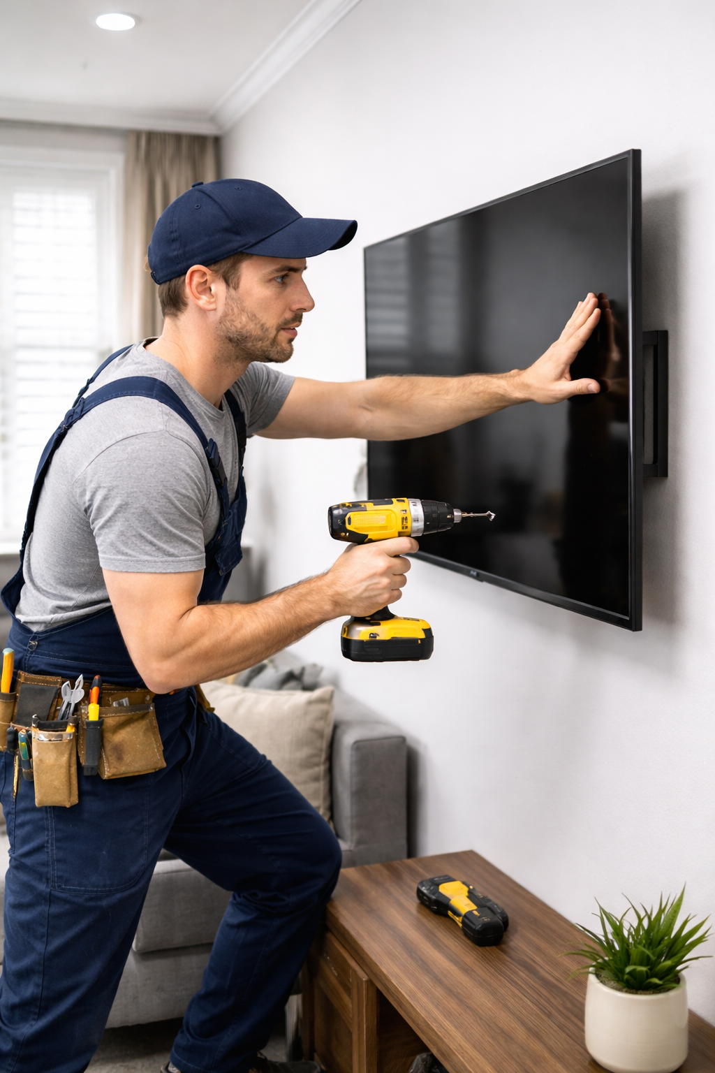 Majstor montira televizor na zid